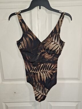 Miraclesuit "Pandora" Tropical Leaf One-Piece Swimsuit - 6 - Brown Black Gold